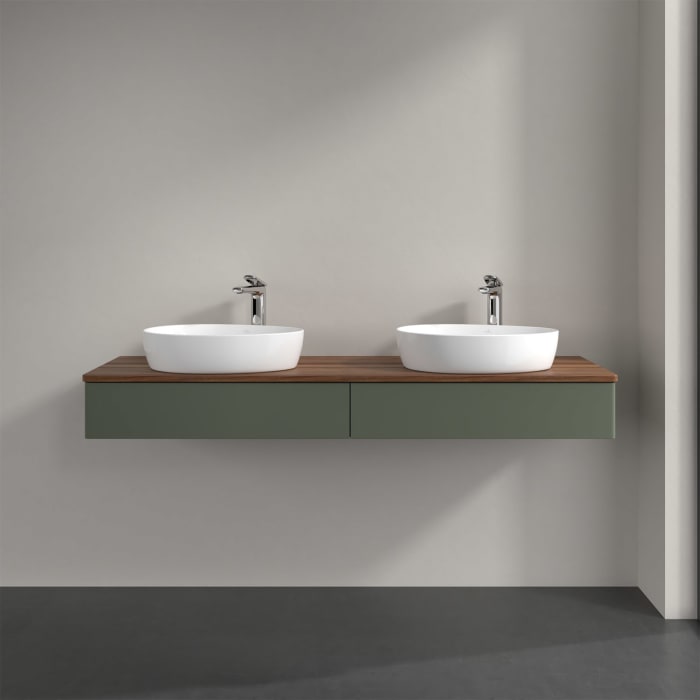 Villeroy & Boch Antao Waschbeckenunterschrank, 160 x 19 cm, 2 Auszüge, Front ohne Struktur, mit Hahnloch, für Waschtisch links und rechts