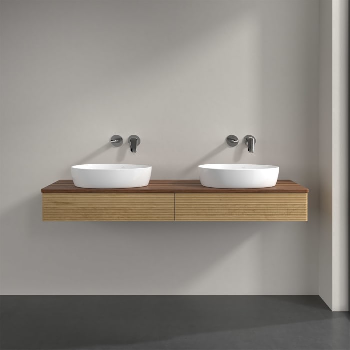 Villeroy & Boch Antao Waschbeckenunterschrank, 160 x 19 cm, 2 Auszüge, Front mit Struktur, ohne Hahnloch, für Waschtisch links und rechts