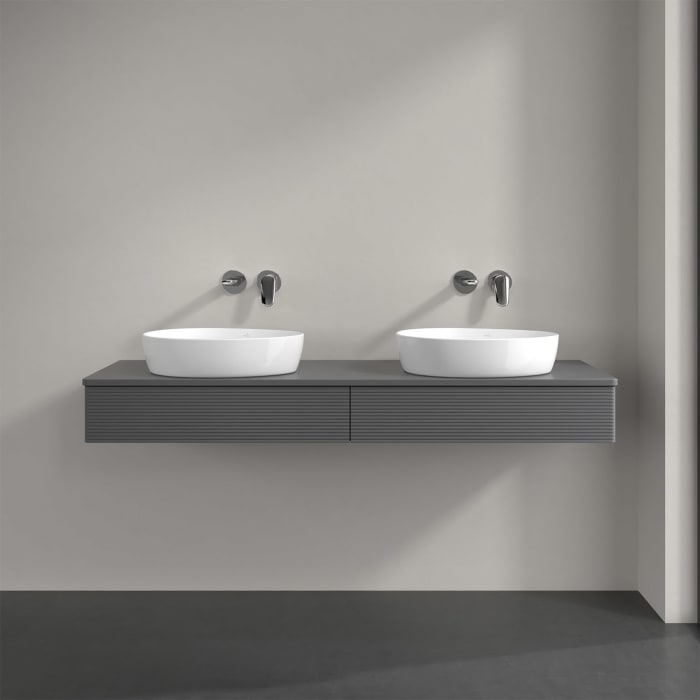 Villeroy & Boch Antao Waschbeckenunterschrank, 160 x 19 cm, 2 Auszüge, Front mit Struktur, mit Hahnloch, für Waschtisch links und rechts