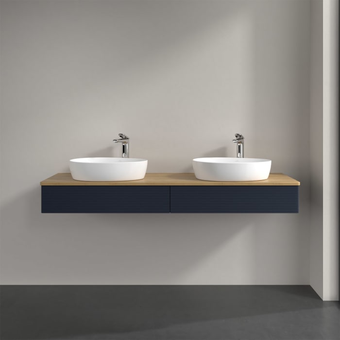 Villeroy & Boch Antao Waschbeckenunterschrank, 160 x 19 cm, 2 Auszüge, Front mit Struktur, mit Hahnloch, für Waschtisch links und rechts