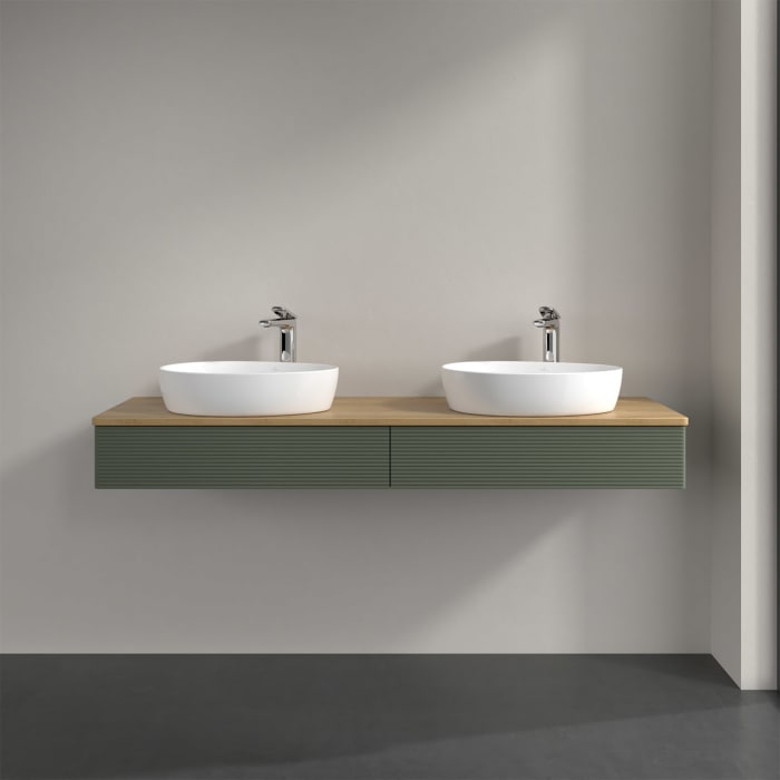 Villeroy & Boch Antao Waschbeckenunterschrank, 160 x 19 cm, 2 Auszüge, Front mit Struktur, mit Hahnloch, für Waschtisch links und rechts