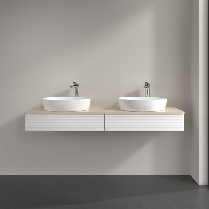 Villeroy & Boch Antao Waschbeckenunterschrank, 160 x 19 cm, 2 Auszüge, Front mit Struktur, mit Hahnloch, für Waschtisch links und rechts