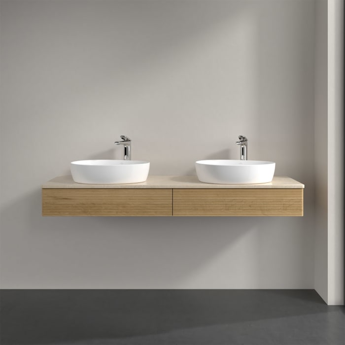 Villeroy & Boch Antao Waschbeckenunterschrank, 160 x 19 cm, 2 Auszüge, Front mit Struktur, mit Hahnloch, für Waschtisch links und rechts