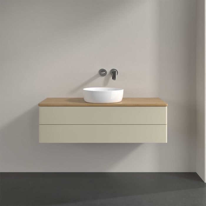 Villeroy & Boch Antao Waschbeckenunterschrank, 120 x 19 cm, 2 Auszüge, Fronten ohne Struktur, ohne Hahnloch, für Waschtisch mittig