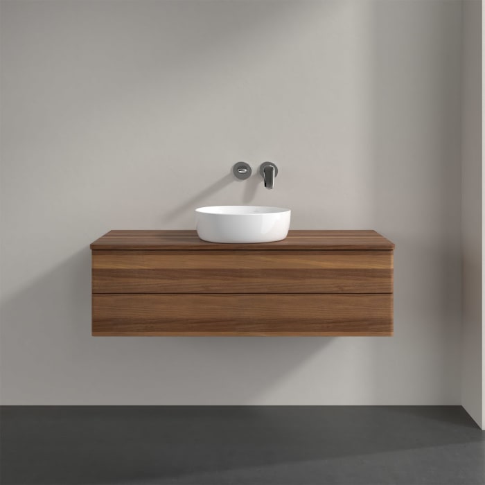 Villeroy & Boch Antao Waschbeckenunterschrank, 120 x 19 cm, 2 Auszüge, Fronten ohne Struktur, ohne Hahnloch, für Waschtisch mittig