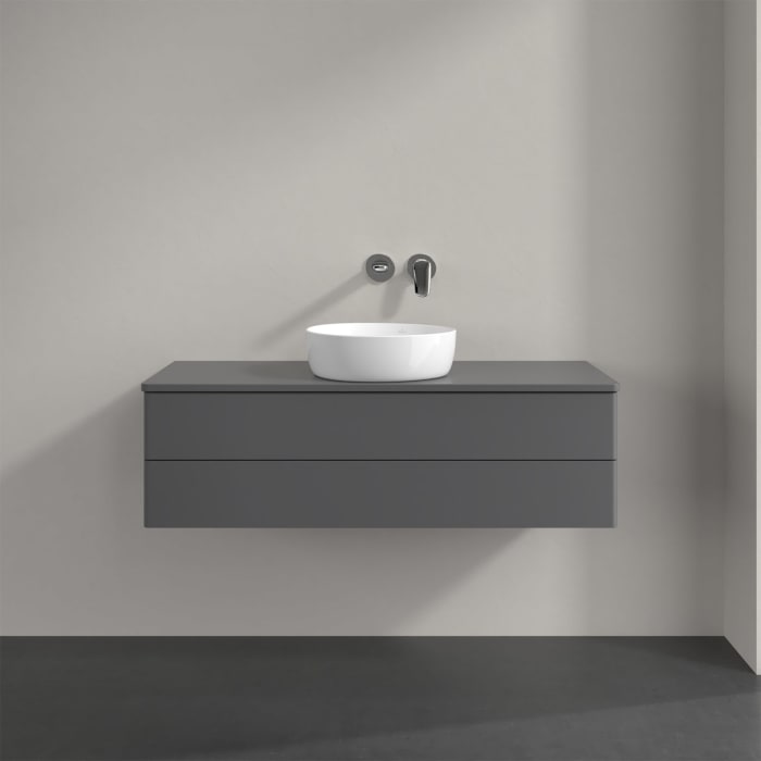 Villeroy & Boch Antao Waschbeckenunterschrank, 120 x 19 cm, 2 Auszüge, Fronten ohne Struktur, mit Hahnloch, für Waschtisch mittig