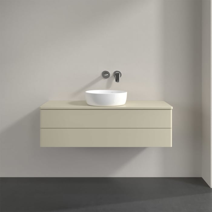 Villeroy & Boch Antao Waschbeckenunterschrank, 120 x 19 cm, 2 Auszüge, Fronten ohne Struktur, mit Hahnloch, für Waschtisch mittig