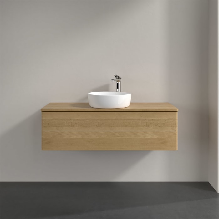 Villeroy & Boch Antao Waschbeckenunterschrank, 120 x 19 cm, 2 Auszüge, Fronten ohne Struktur, mit Hahnloch, für Waschtisch mittig