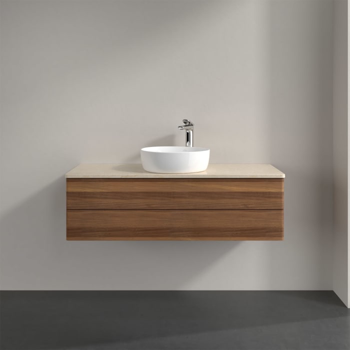 Villeroy & Boch Antao Waschbeckenunterschrank, 120 x 19 cm, 2 Auszüge, Fronten ohne Struktur, mit Hahnloch, für Waschtisch mittig