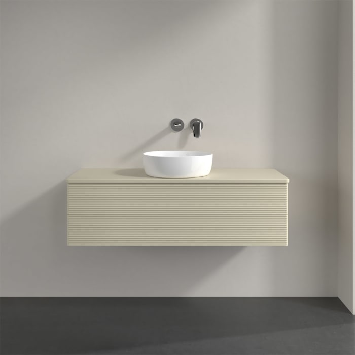 Villeroy & Boch Antao Waschbeckenunterschrank, 120 x 19 cm, 2 Auszüge, Fronten mit Struktur, ohne Hahnloch, für Waschtisch mittig