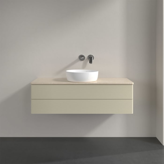 Villeroy & Boch Antao Waschbeckenunterschrank, 120 x 19 cm, 2 Auszüge, Fronten mit Struktur, ohne Hahnloch, für Waschtisch mittig