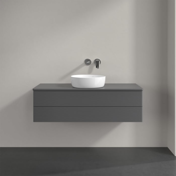 Villeroy & Boch Antao Waschbeckenunterschrank, 120 x 19 cm, 2 Auszüge, Fronten mit Struktur, mit Hahnloch, für Waschtisch mittig