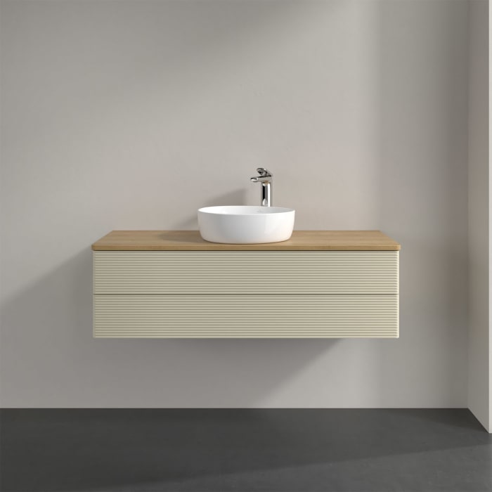 Villeroy & Boch Antao Waschbeckenunterschrank, 120 x 19 cm, 2 Auszüge, Fronten mit Struktur, mit Hahnloch, für Waschtisch mittig