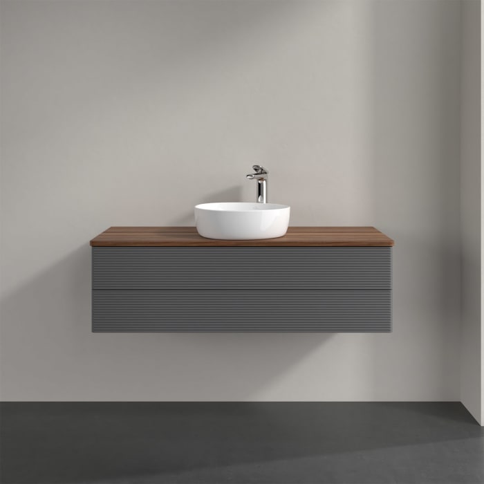 Villeroy & Boch Antao Waschbeckenunterschrank, 120 x 19 cm, 2 Auszüge, Fronten mit Struktur, mit Hahnloch, für Waschtisch mittig