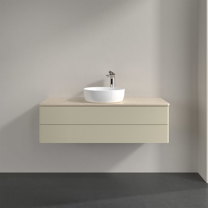 Villeroy & Boch Antao Waschbeckenunterschrank, 120 x 19 cm, 2 Auszüge, Fronten mit Struktur, mit Hahnloch, für Waschtisch mittig