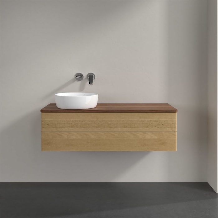 Villeroy & Boch Antao Waschbeckenunterschrank, 120 x 19 cm, 2 Auszüge, Fronten ohne Struktur, ohne Hahnloch, für Waschtisch links