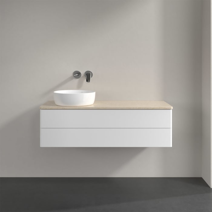Villeroy & Boch Antao Waschbeckenunterschrank, 120 x 19 cm, 2 Auszüge, Fronten ohne Struktur, ohne Hahnloch, für Waschtisch links