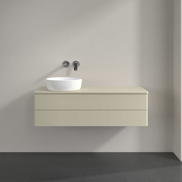 Villeroy & Boch Antao Waschbeckenunterschrank, 120 x 19 cm, 2 Auszüge, Fronten ohne Struktur, mit Hahnloch, für Waschtisch links