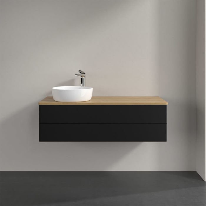 Villeroy & Boch Antao Waschbeckenunterschrank, 120 x 19 cm, 2 Auszüge, Fronten ohne Struktur, mit Hahnloch, für Waschtisch links