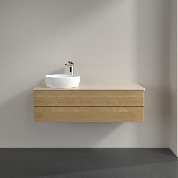 Villeroy & Boch Antao Waschbeckenunterschrank, 120 x 19 cm, 2 Auszüge, Fronten ohne Struktur, mit Hahnloch, für Waschtisch links