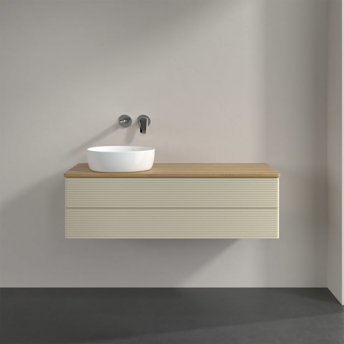 Villeroy & Boch Antao Waschbeckenunterschrank, 120 x 19 cm, 2 Auszüge, Fronten mit Struktur, ohne Hahnloch, für Waschtisch links