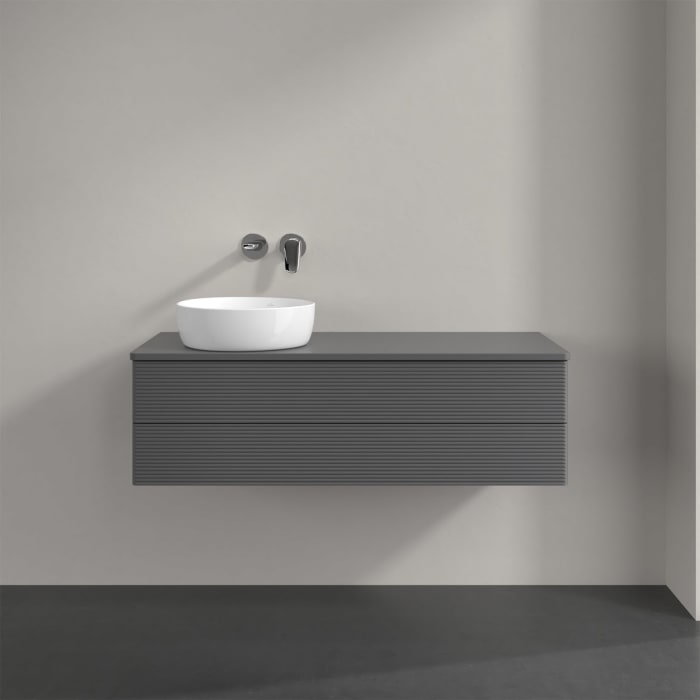 Villeroy & Boch Antao Waschbeckenunterschrank, 120 x 19 cm, 2 Auszüge, Fronten mit Struktur, mit Hahnloch, für Waschtisch links