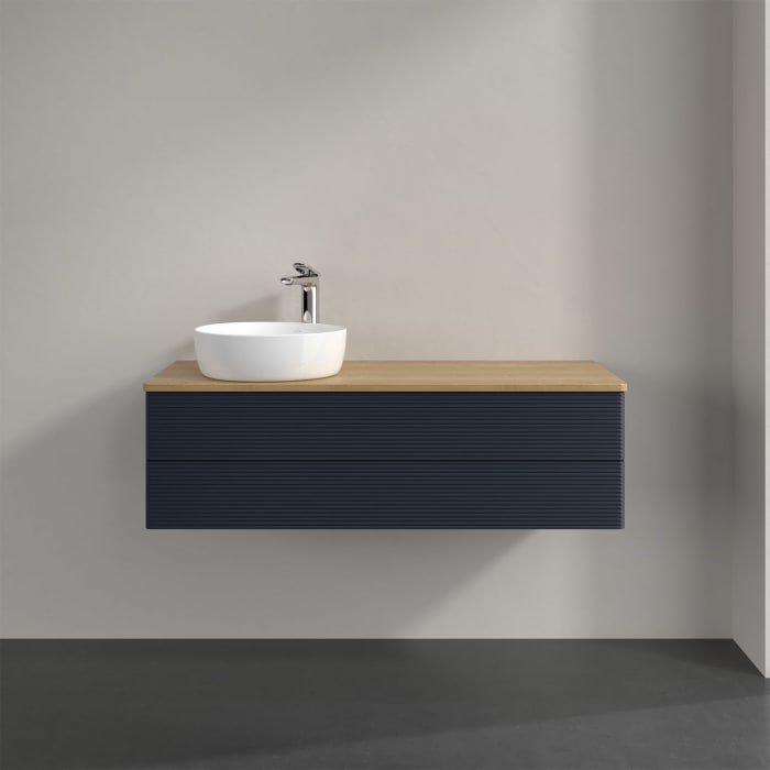 Villeroy & Boch Antao Waschbeckenunterschrank, 120 x 19 cm, 2 Auszüge, Fronten mit Struktur, mit Hahnloch, für Waschtisch links