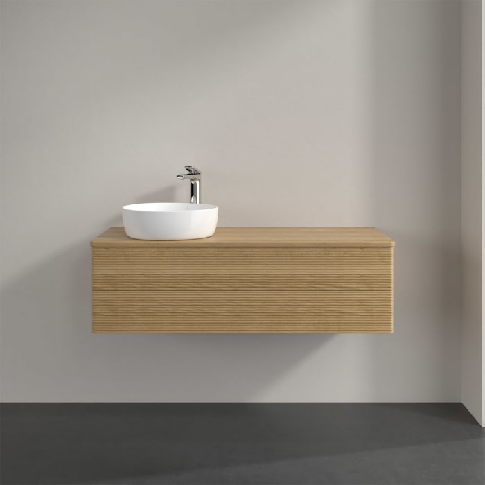 Villeroy & Boch Antao Waschbeckenunterschrank, 120 x 19 cm, 2 Auszüge, Fronten mit Struktur, mit Hahnloch, für Waschtisch links