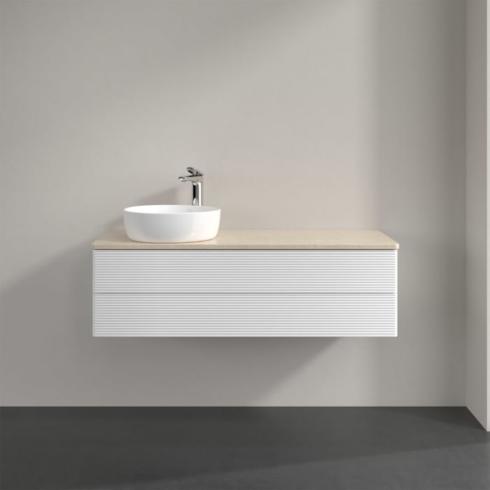 Villeroy & Boch Antao Waschbeckenunterschrank, 120 x 19 cm, 2 Auszüge, Fronten mit Struktur, mit Hahnloch, für Waschtisch links