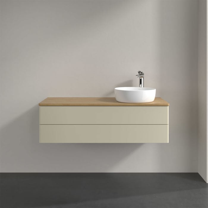 Villeroy & Boch Antao Waschbeckenunterschrank, 120 x 19 cm, 2 Auszüge, Fronten ohne Struktur, mit Hahnloch, für Waschtisch rechts