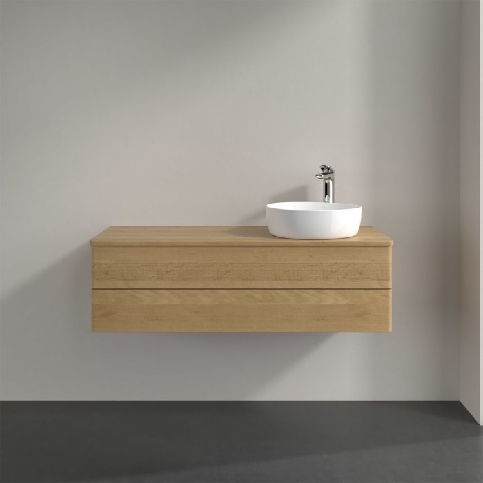 Villeroy & Boch Antao Waschbeckenunterschrank, 120 x 19 cm, 2 Auszüge, Fronten ohne Struktur, mit Hahnloch, für Waschtisch rechts