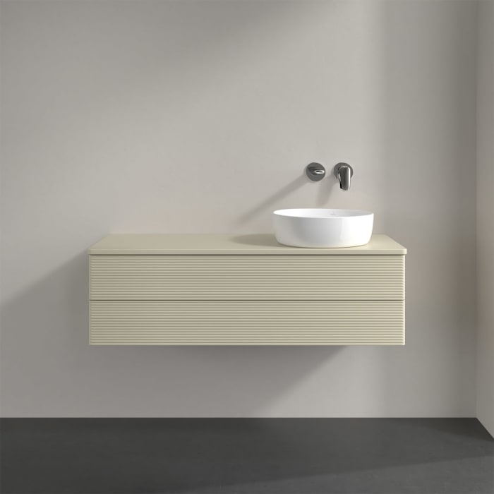 Villeroy & Boch Antao Waschbeckenunterschrank, 120 x 19 cm, 2 Auszüge, Fronten mit Struktur, ohne Hahnloch, für Waschtisch rechts