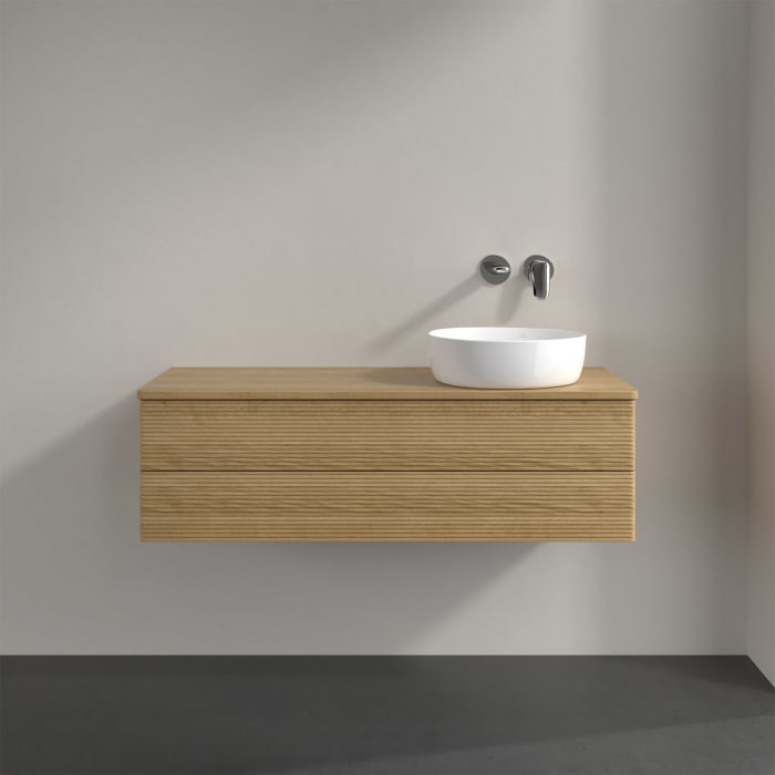 Villeroy & Boch Antao Waschbeckenunterschrank, 120 x 19 cm, 2 Auszüge, Fronten mit Struktur, ohne Hahnloch, für Waschtisch rechts