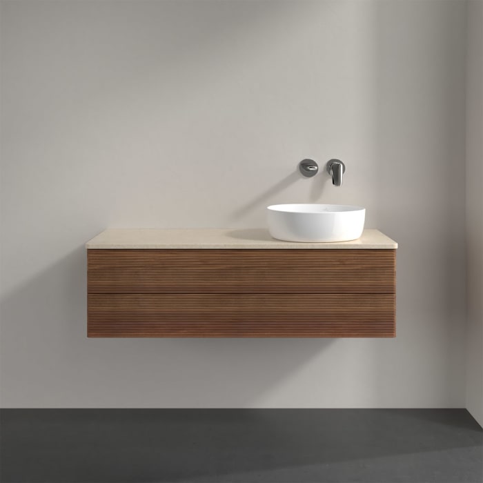 Villeroy & Boch Antao Waschbeckenunterschrank, 120 x 19 cm, 2 Auszüge, Fronten mit Struktur, ohne Hahnloch, für Waschtisch rechts