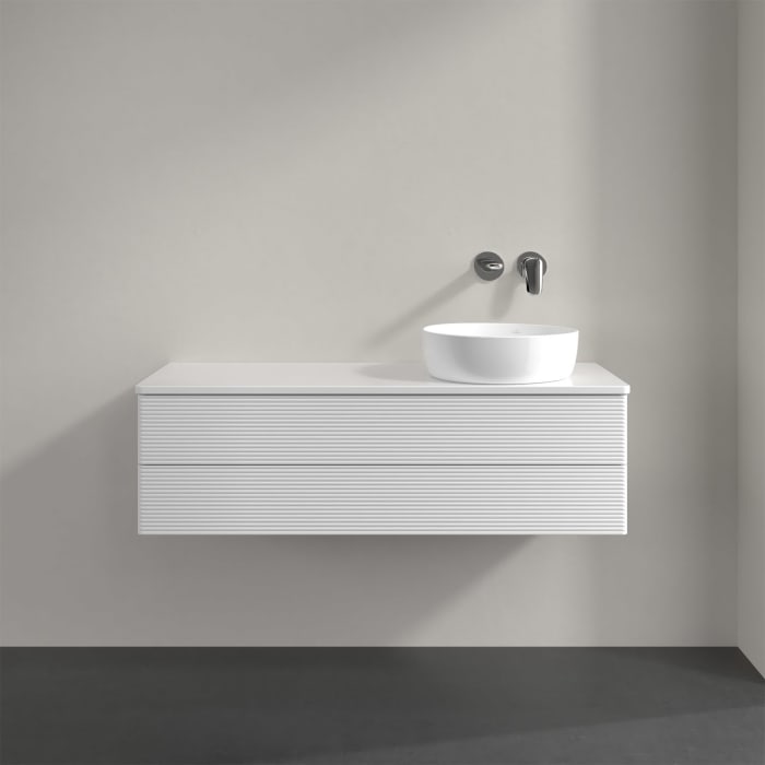 Villeroy & Boch Antao Waschbeckenunterschrank, 120 x 19 cm, 2 Auszüge, Fronten mit Struktur, mit Hahnloch, für Waschtisch rechts