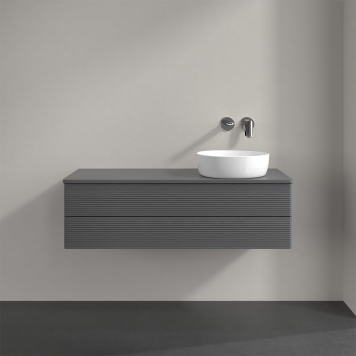 Villeroy & Boch Antao Waschbeckenunterschrank, 120 x 19 cm, 2 Auszüge, Fronten mit Struktur, mit Hahnloch, für Waschtisch rechts