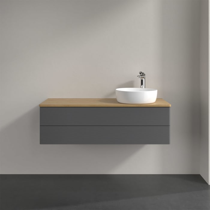 Villeroy & Boch Antao Waschbeckenunterschrank, 120 x 19 cm, 2 Auszüge, Fronten mit Struktur, mit Hahnloch, für Waschtisch rechts