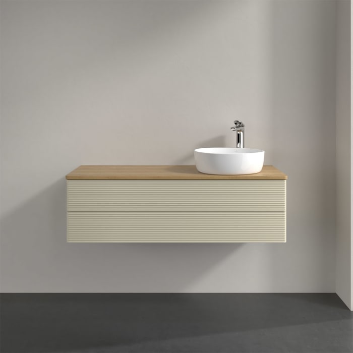 Villeroy & Boch Antao Waschbeckenunterschrank, 120 x 19 cm, 2 Auszüge, Fronten mit Struktur, mit Hahnloch, für Waschtisch rechts