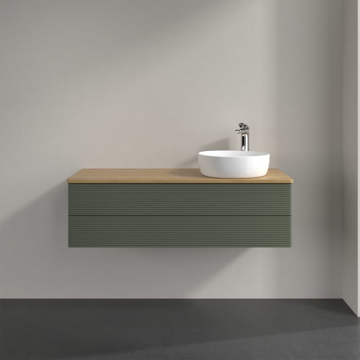 Villeroy & Boch Antao Waschbeckenunterschrank, 120 x 19 cm, 2 Auszüge, Fronten mit Struktur, mit Hahnloch, für Waschtisch rechts