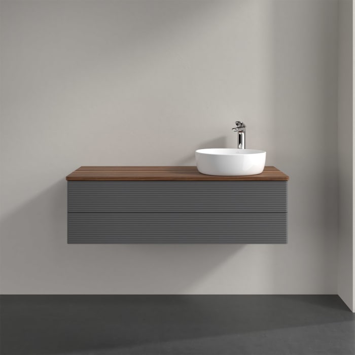 Villeroy & Boch Antao Waschbeckenunterschrank, 120 x 19 cm, 2 Auszüge, Fronten mit Struktur, mit Hahnloch, für Waschtisch rechts