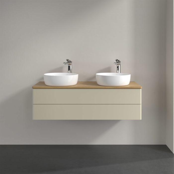 Villeroy & Boch Antao Waschbeckenunterschrank, 120 x 19 cm, 2 Auszüge, Fronten ohne Struktur, mit Hahnloch, für Waschtisch links und rechts