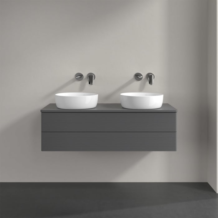 Villeroy & Boch Antao Waschbeckenunterschrank, 120 x 19 cm, 2 Auszüge, Fronten mit Struktur, ohne Hahnloch, für Waschtisch links und rechts