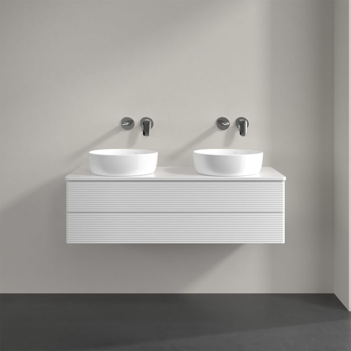 Villeroy & Boch Antao Waschbeckenunterschrank, 120 x 19 cm, 2 Auszüge, Fronten mit Struktur, mit Hahnloch, für Waschtisch links und rechts