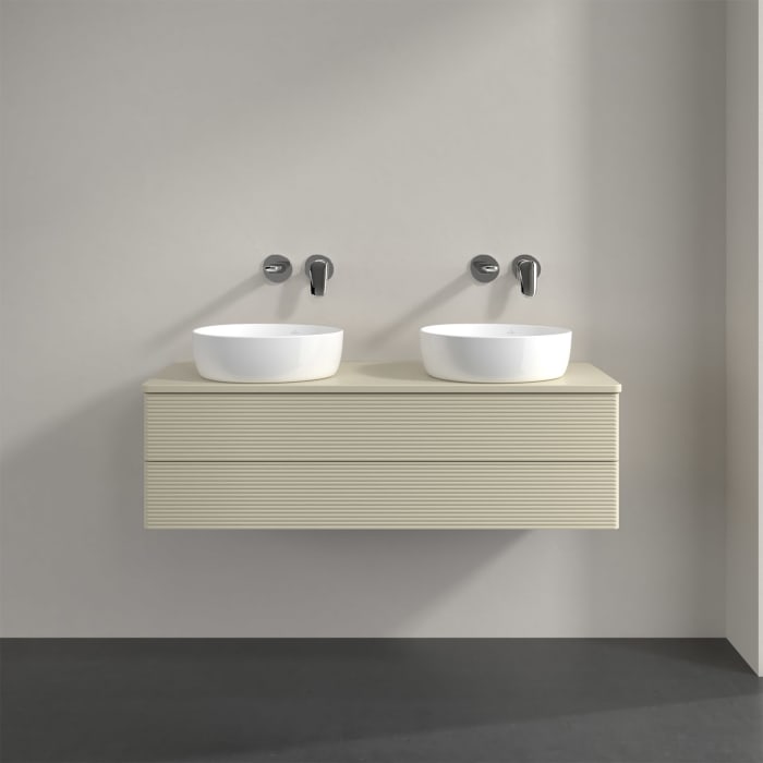 Villeroy & Boch Antao Waschbeckenunterschrank, 120 x 19 cm, 2 Auszüge, Fronten mit Struktur, mit Hahnloch, für Waschtisch links und rechts