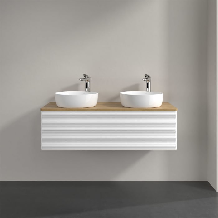 Villeroy & Boch Antao Waschbeckenunterschrank, 120 x 19 cm, 2 Auszüge, Fronten mit Struktur, mit Hahnloch, für Waschtisch links und rechts