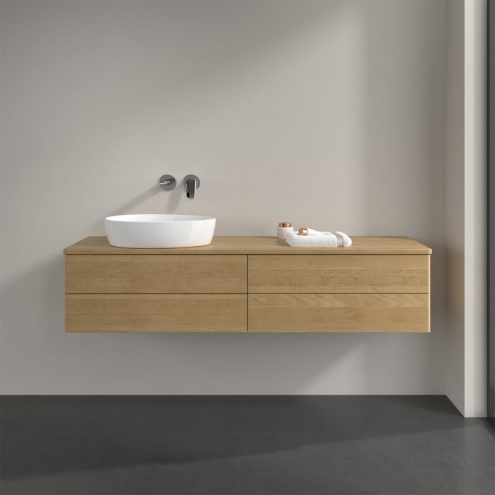 Villeroy & Boch Antao Waschbeckenunterschrank, 160 x 19 cm, 4 Auszüge, Fronten ohne Struktur, ohne Hahnloch, für Waschtisch links