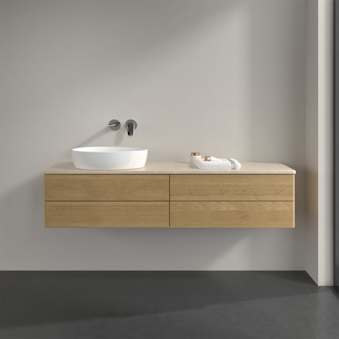 Villeroy & Boch Antao Waschbeckenunterschrank, 160 x 19 cm, 4 Auszüge, Fronten ohne Struktur, ohne Hahnloch, für Waschtisch links