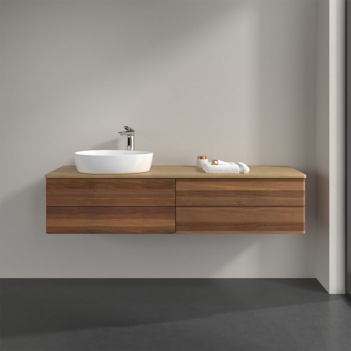 Villeroy & Boch Antao Waschbeckenunterschrank, 160 x 19 cm, 4 Auszüge, Fronten ohne Struktur, mit Hahnloch, für Waschtisch links