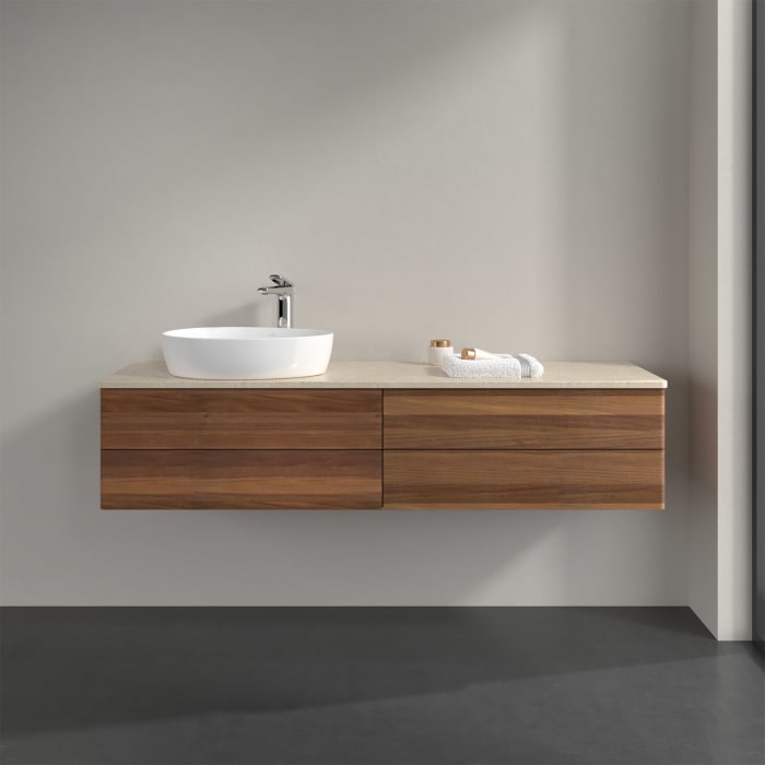 Villeroy & Boch Antao Waschbeckenunterschrank, 160 x 19 cm, 4 Auszüge, Fronten ohne Struktur, mit Hahnloch, für Waschtisch links