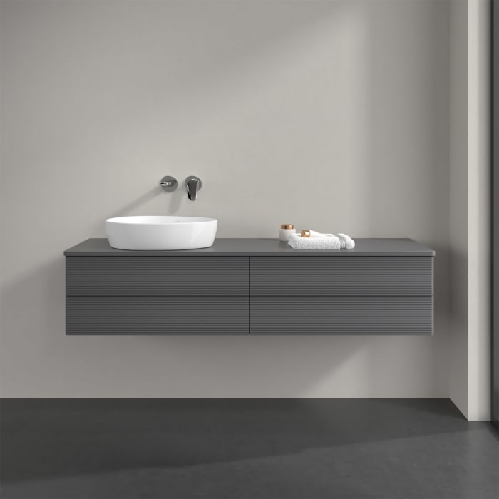 Villeroy & Boch Antao Waschbeckenunterschrank, 160 x 19 cm, 4 Auszüge, Fronten mit Struktur, mit Hahnloch, für Waschtisch links
